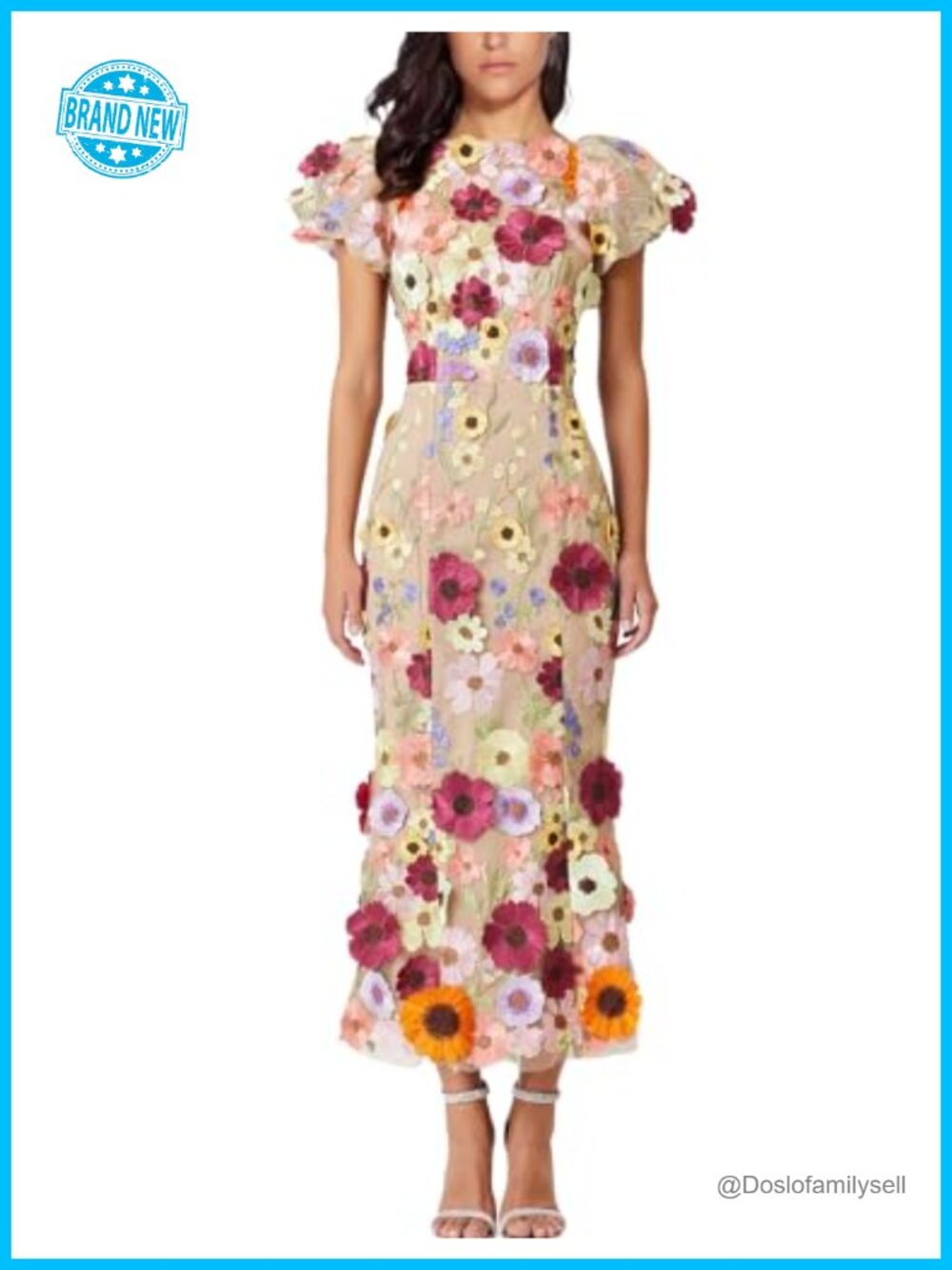 3D Floral Embroidery Bodycon Mini Dress Ruffle Puff Sleeve Fishtail Party